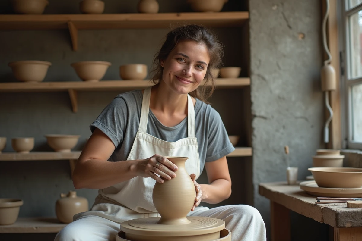 Céramiste femme façonnant un vase en argile sur un tour de poterie dans son atelier