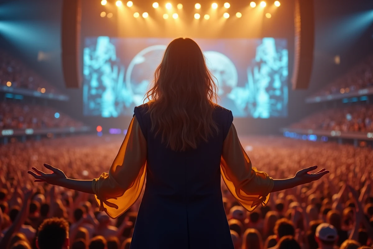 Chanteuse française sur scène devant un public massif dans une grande salle de concert