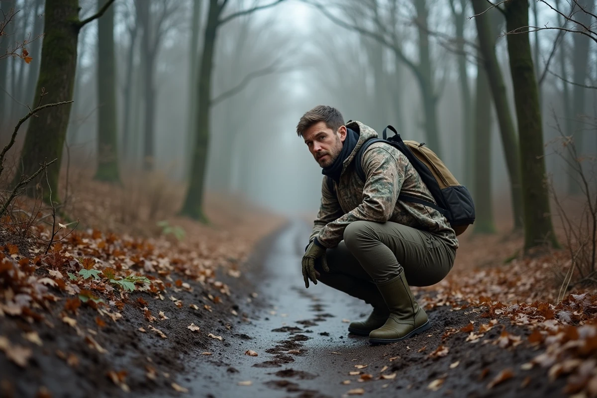 Chasseur analysant des empreintes de sanglier sur un sentier forestier boueux en automne, expression concentrée et tenue de camouflage