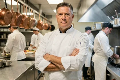 Chef cuisinier autoritaire en veste blanche immaculée dans une cuisine professionnelle, bras croisés, entouré de sa brigade en action