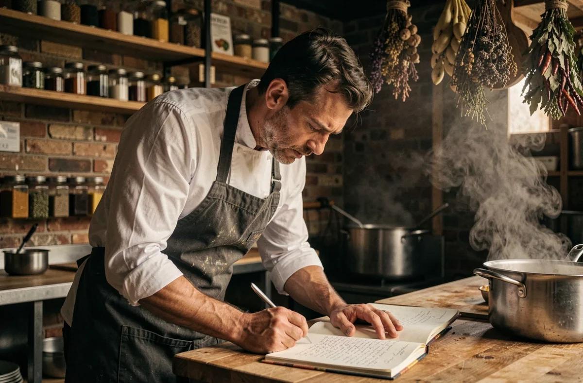 Chef cuisinier concentré étudiant une recette manuscrite dans une cuisine rustique avec murs en briques et herbes séchées