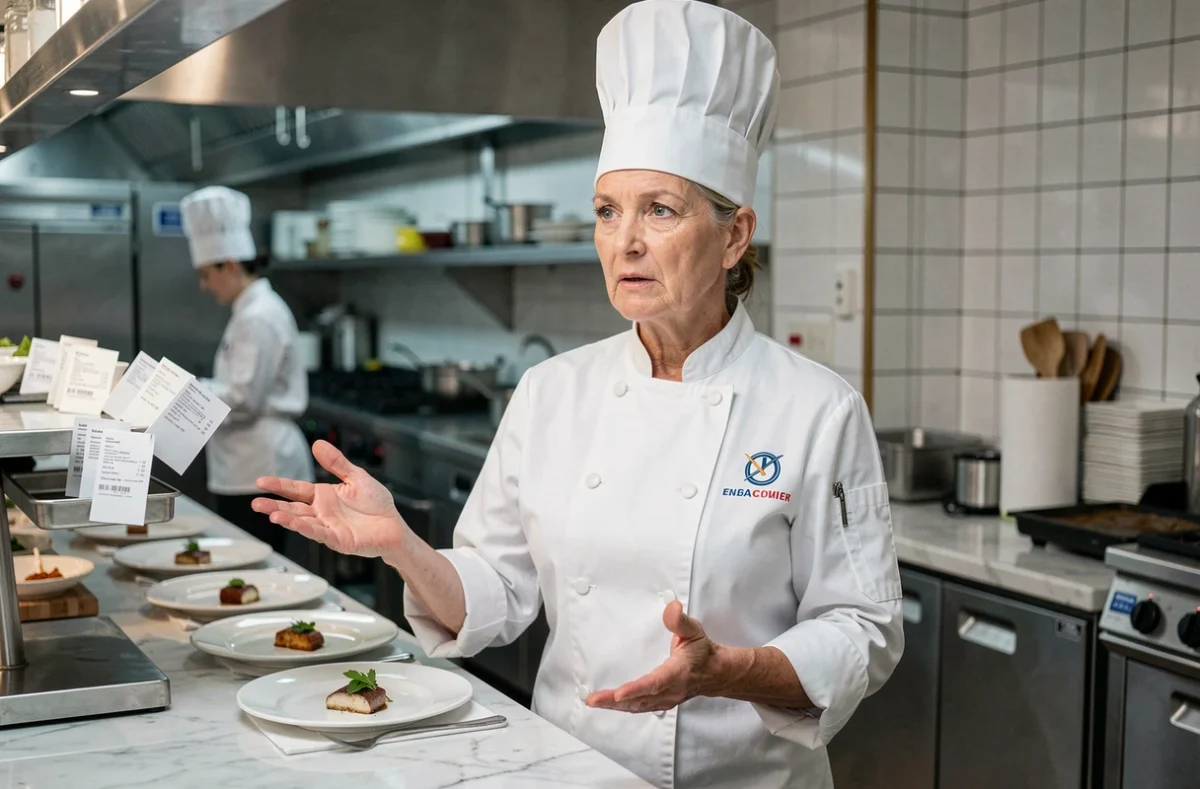 Chef femme expérimentée en veste blanche double boutonnage dirigeant sa brigade au passe d'une cuisine gastronomique professionnelle