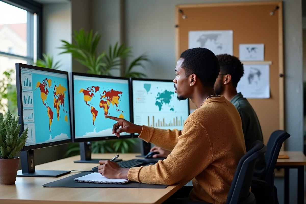 Deux chercheurs analysant des données géopolitiques sur des écrans interactifs dans un centre de recherche contemporain