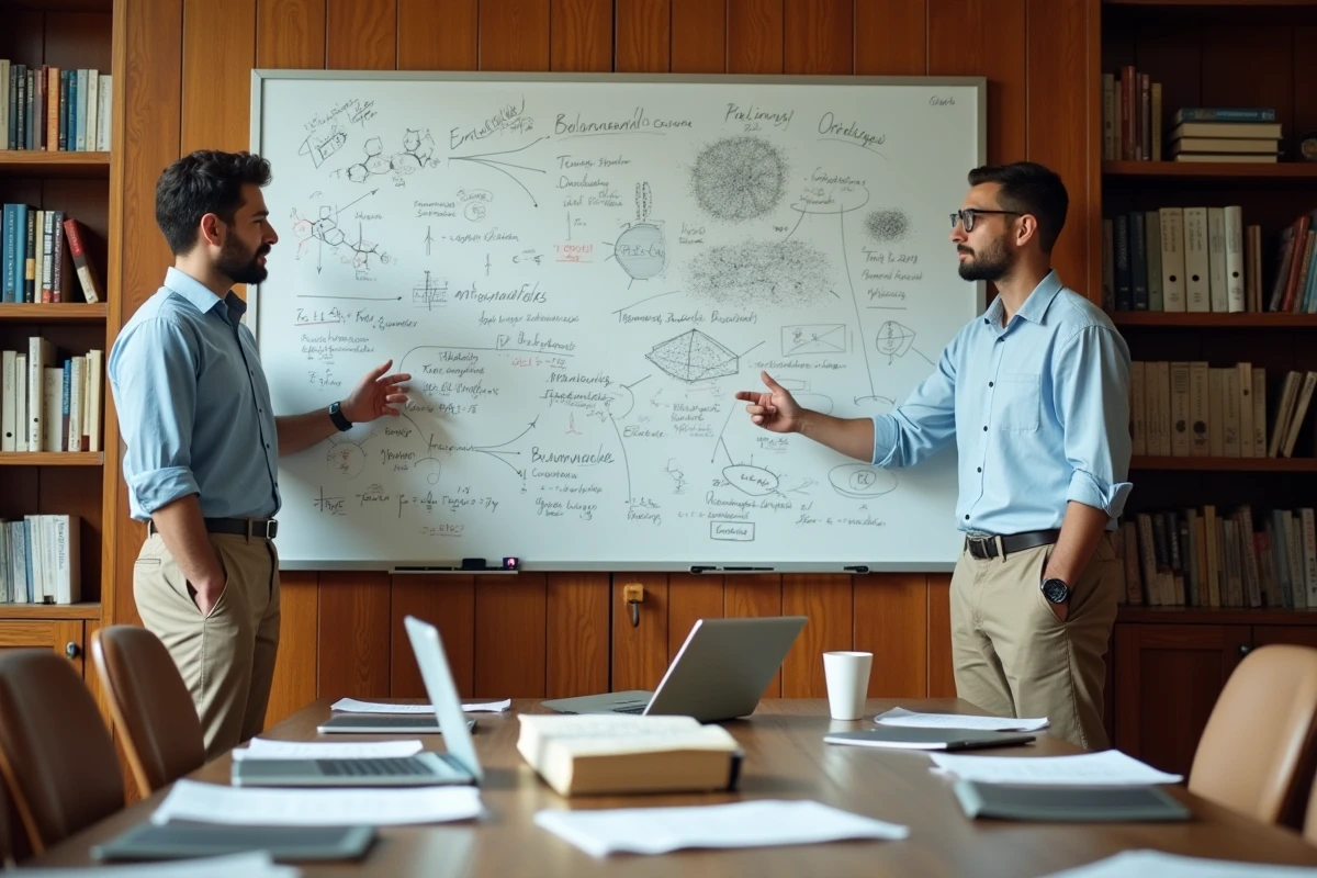 Deux chercheurs devant un tableau blanc couvert d'équations scientifiques dans une salle universitaire, représentant la collaboration dans les grandes découvertes scientifiques