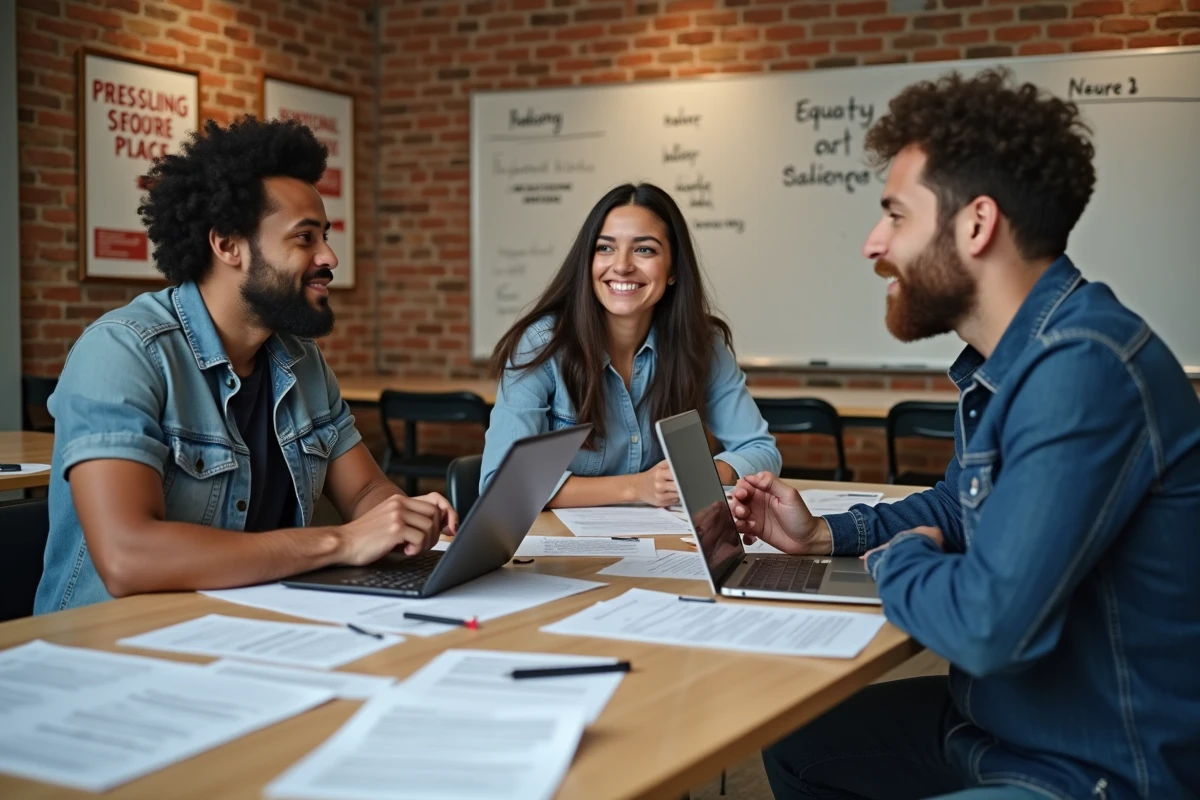 Groupe diversifié de citoyens participant à une réunion communautaire sur les droits sociaux et les inégalités