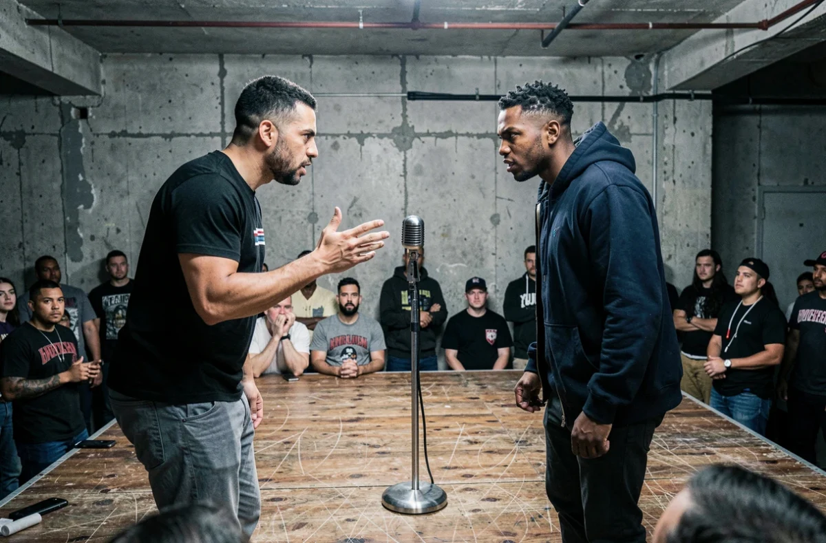 Deux rappeurs face à face lors d'un clash de rap dans une salle underground illustrant la rivalité et la joute verbale dans le hip-hop