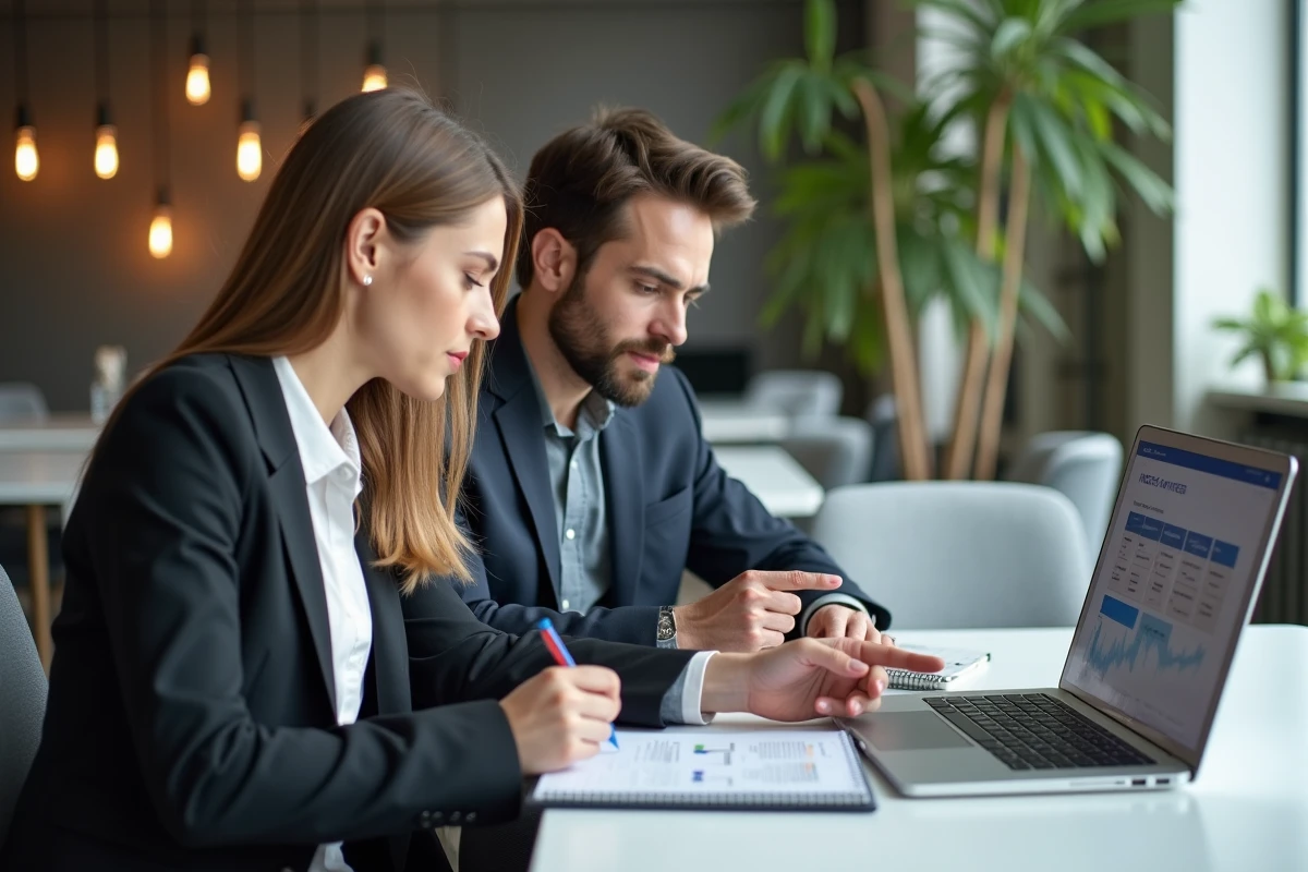 Deux collègues collaborant sur un rapport de responsabilité sociétale GSR dans un open space moderne
