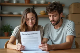Deux colocataires adultes examinent un contrat de colocation autour d'une table en bois dans une cuisine partagée