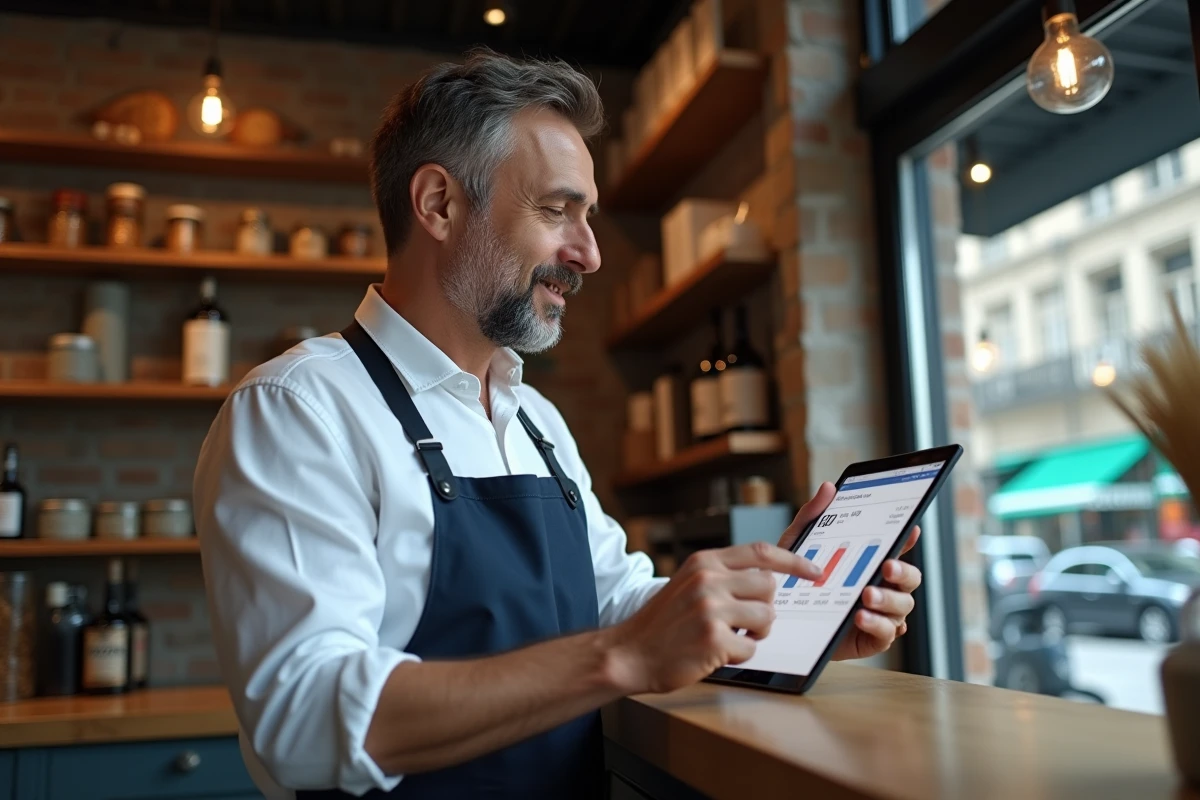 Commerçant indépendant consultant les tarifs des plateformes e-commerce sur une tablette dans sa boutique