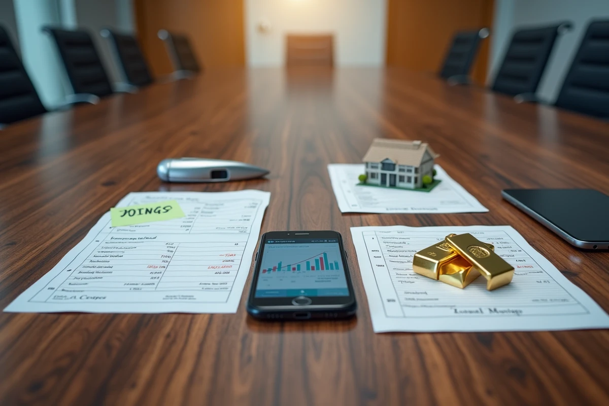 Vue aérienne d'une table comparant des actifs financiers comme les actions et obligations à des actifs non financiers comme l'or et l'immobilier
