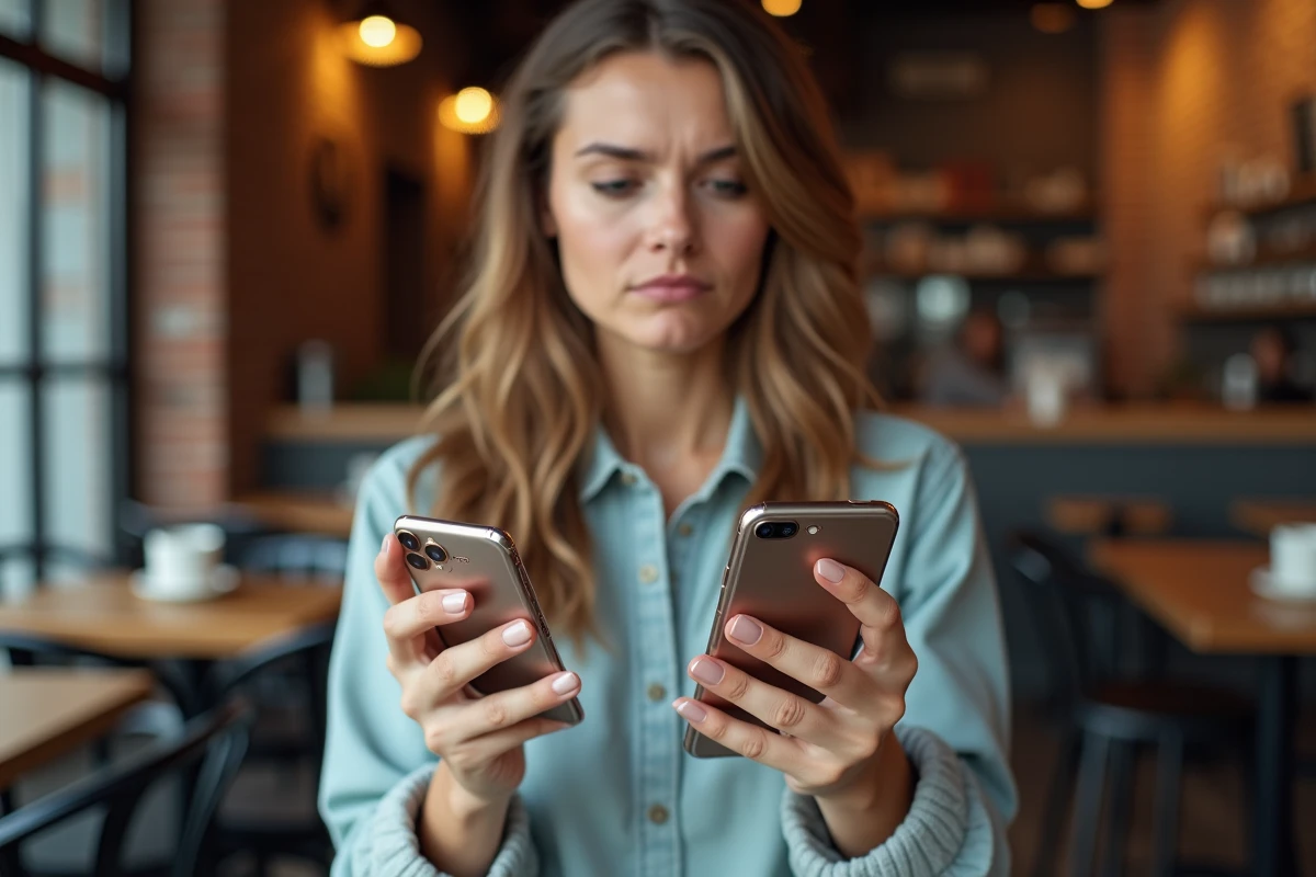 Femme tenant deux smartphones comparant une mauvaise interface et une bonne expérience utilisateur dans un café