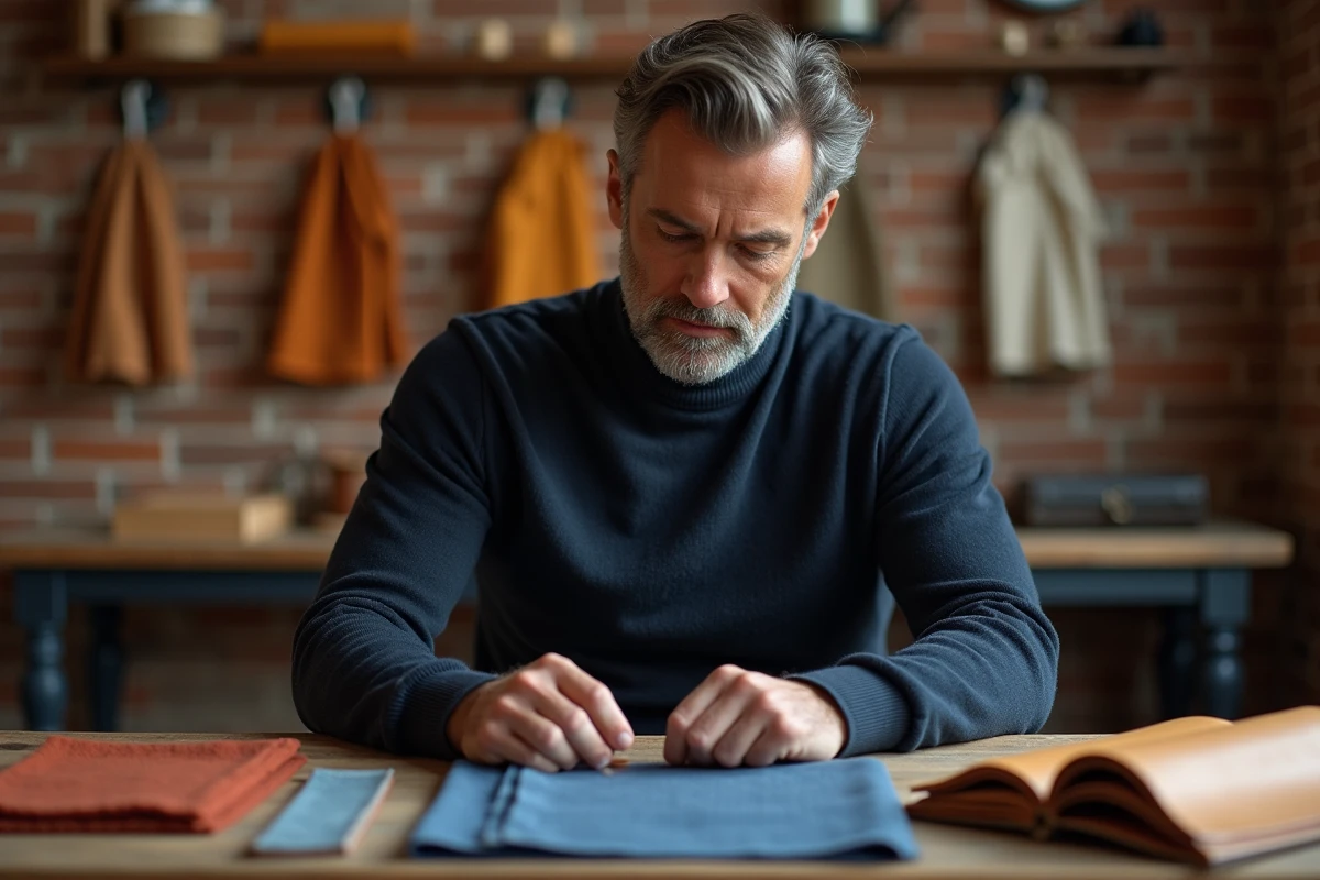 Homme comparant des échantillons de tissus de qualité différente dans un atelier artisanal