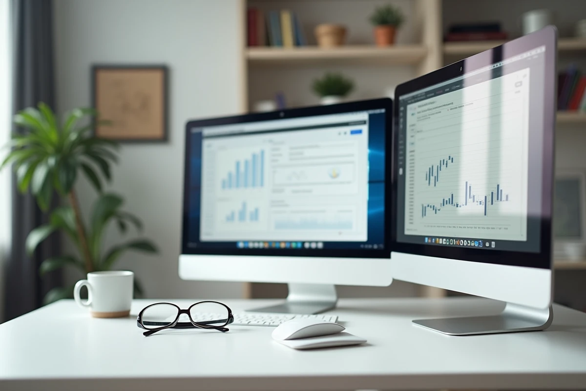 Comparaison de trois moniteurs d'ordinateur sur un bureau minimaliste pour le télétravail