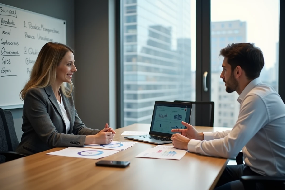 Deux professionnels comparant les normes ISO 9001 et ISO 22000 lors d'une réunion de travail en entreprise