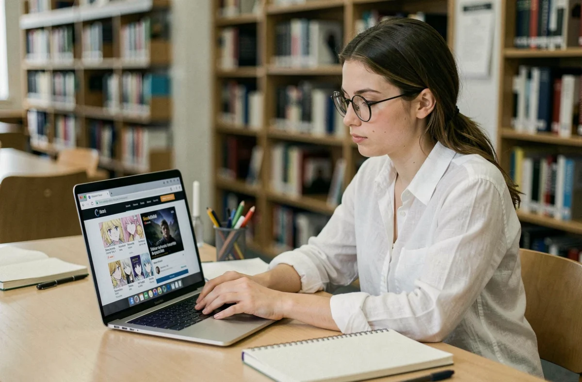 Jeune femme comparant une plateforme légale de manga et un site pirate sur son ordinateur portable dans une bibliothèque universitaire