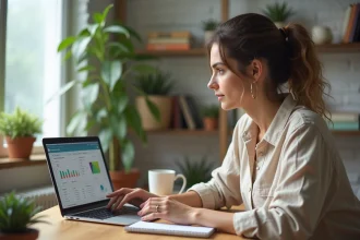 Femme entrepreneur comparant les plateformes de vente en ligne sur son ordinateur portable dans un bureau à domicile moderne