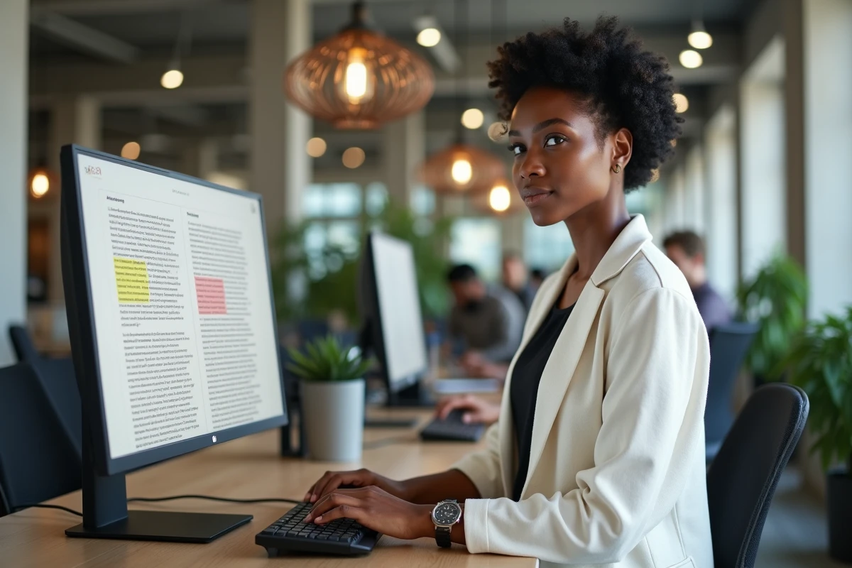 Une professionnelle compare des passages de texte sur un grand écran pour identifier des contenus rédigés par une intelligence artificielle dans un open space moderne