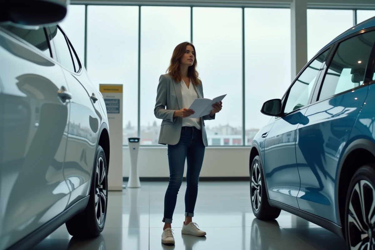 Femme comparant une voiture à hydrogène et une voiture électrique dans un showroom automobile moderne