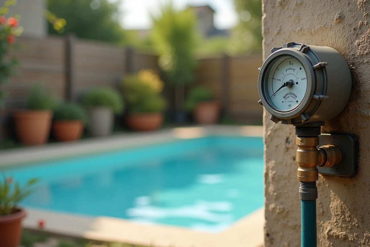 Compteur d'eau domestique relié à un tuyau d'arrosage pour remplir une piscine de jardin, illustrant le contrôle de la consommation d'eau