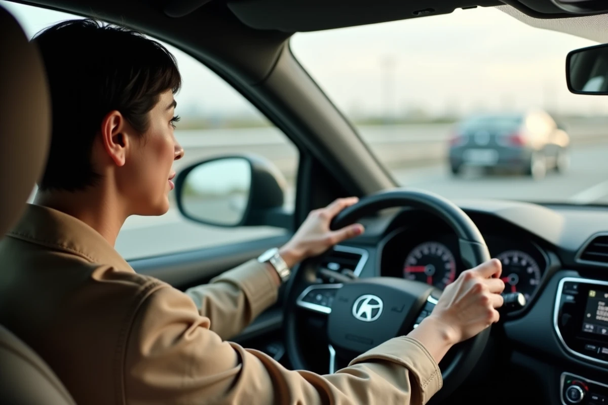 Femme au volant d'un SUV moderne consultant le tableau de bord sur autoroute