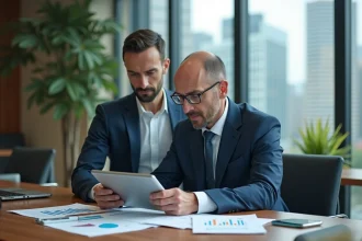 Conseiller bancaire analysant des placements financiers rentables dans un bureau moderne