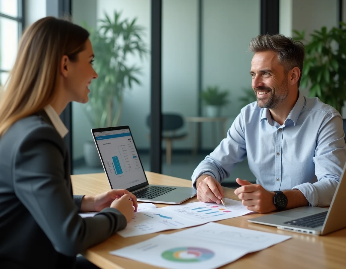 Conseiller hypothécaire présentant un tableau d'amortissement à une cliente dans un bureau professionnel