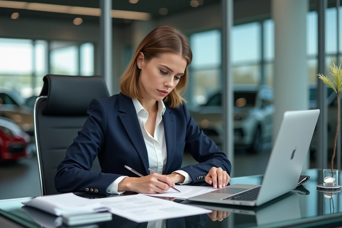 Conseillère commerciale Porsche travaillant sur les fiches techniques et le salaire en concession automobile