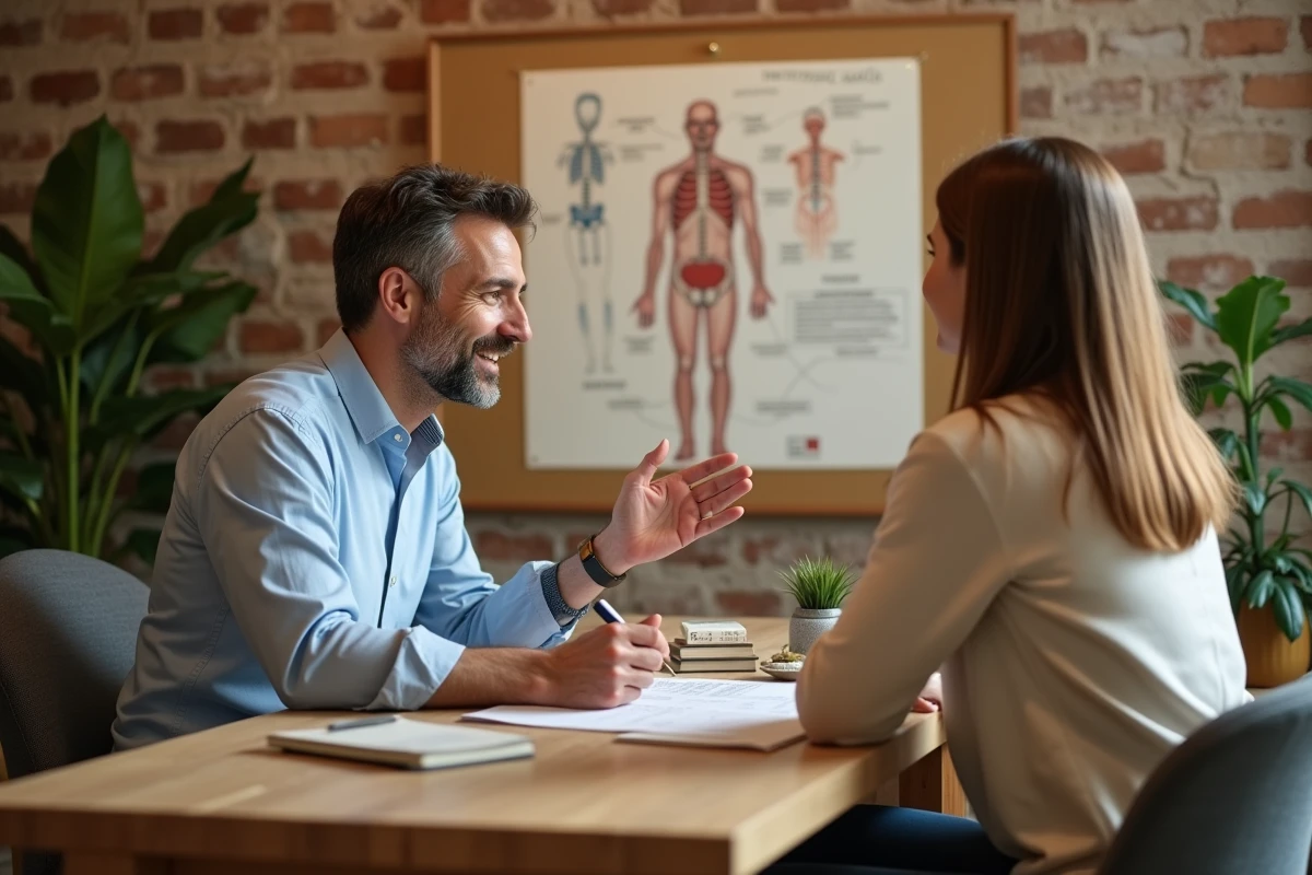 Consultation holistique entre un naturopathe et une patiente dans un cabinet de santé naturelle