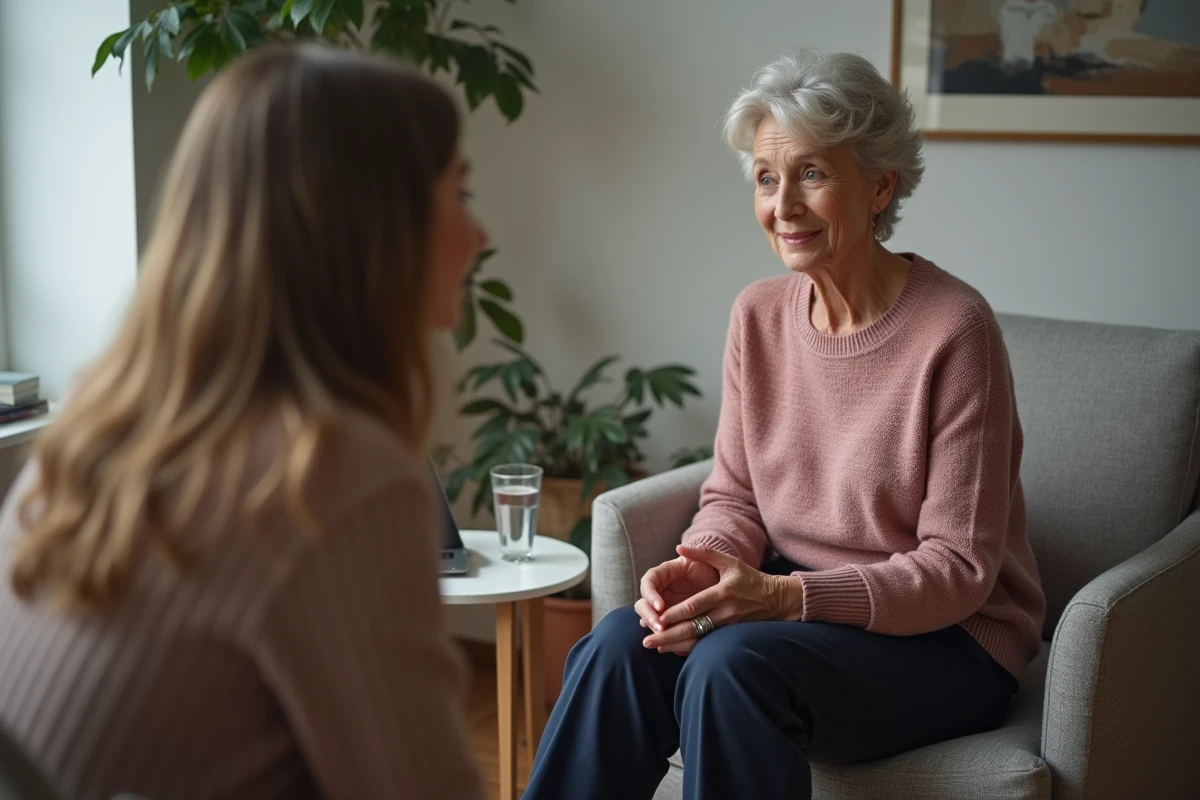Femme en consultation psychologique assise face à son thérapeute dans un cabinet chaleureux, exprimant une ouverture émotionnelle dans un processus de lâcher prise