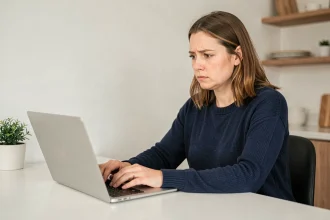 Femme contactant le service client Darty par email depuis son bureau à domicile