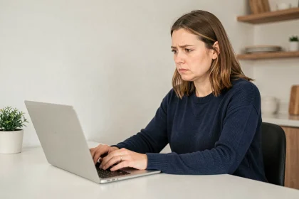 Femme contactant le service client Darty par email depuis son bureau à domicile