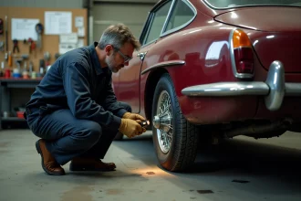Mécanicien inspectant une voiture de collection ancienne lors d'un contrôle technique dans un garage automobile