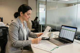Femme en bureau consultant un bulletin de salaire avec des calculs de conversion minutes en heures