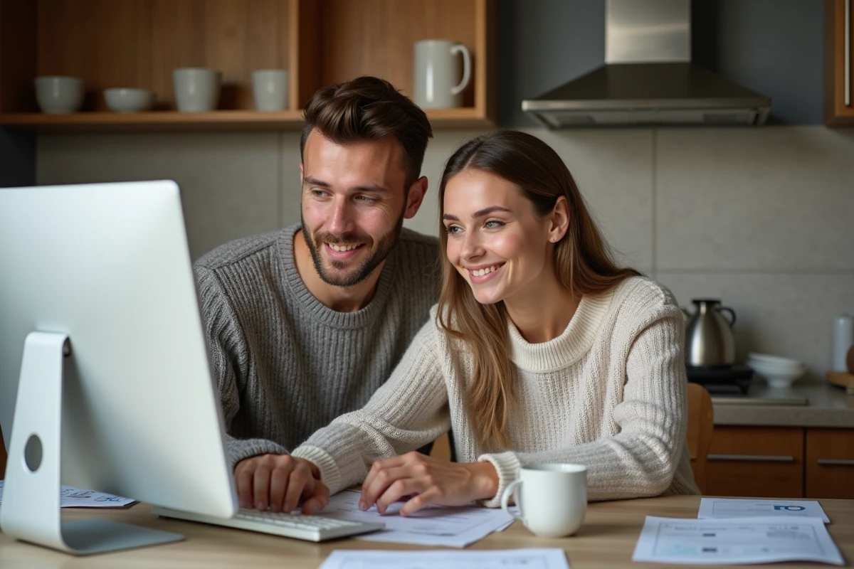 Couple gérant leur budget familial avec un logiciel alternatif à Money dans une cuisine moderne