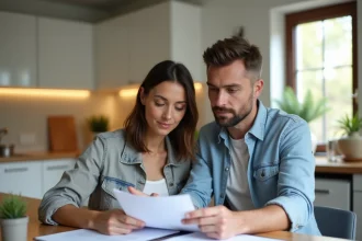 Couple examinant des documents hypothécaires à leur table de cuisine pour choisir le bon terme de prêt