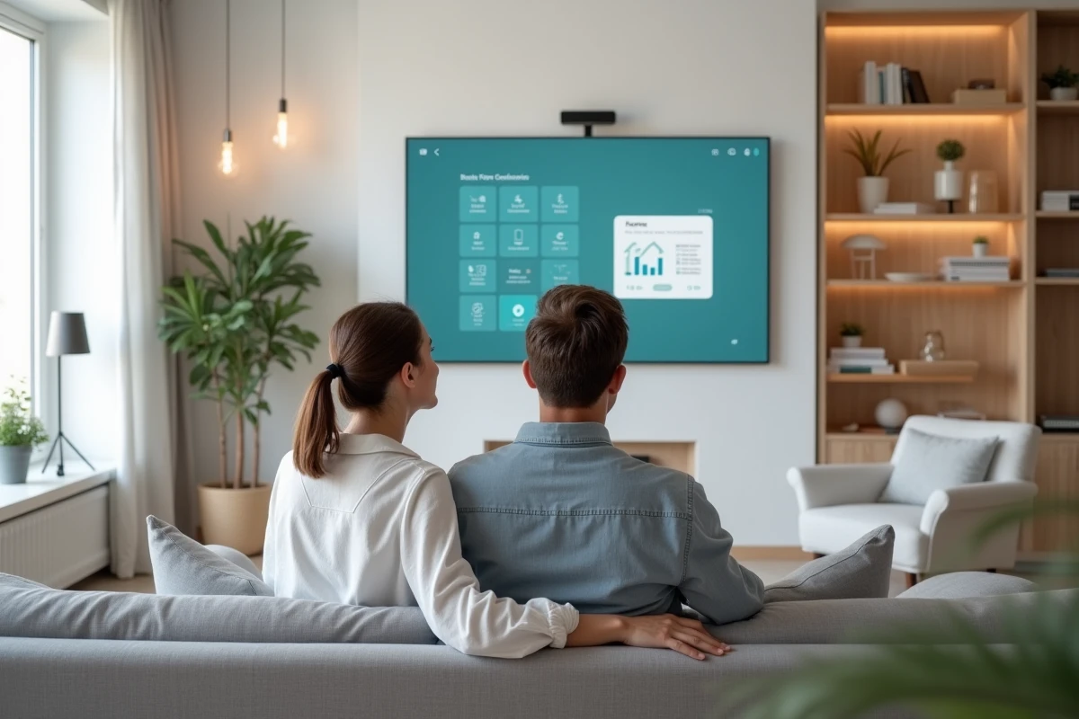 Couple consultant un écran domotique affichant les équipements d'une maison intelligente connectée