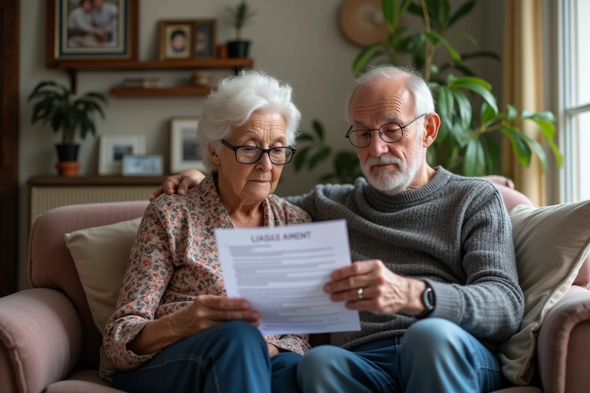 Couple de locataires âgés consultant leur contrat de bail dans leur appartement