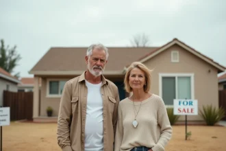 Couple américain devant une maison à vendre dans un quartier résidentiel suburbain, illustrant la crise du logement aux États-Unis