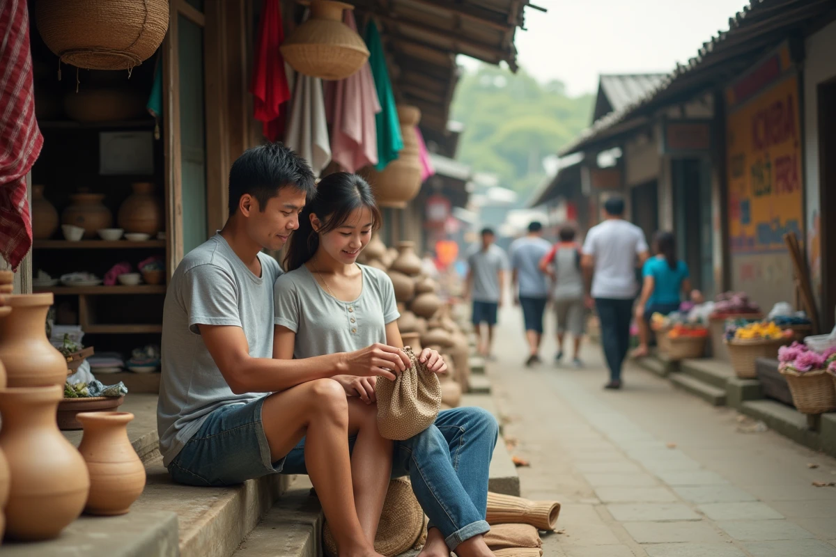 Couple de voyageurs explorant un marché local en Asie du Sud-Est, incarnant l'esprit du slow travel et de l'immersion culturelle