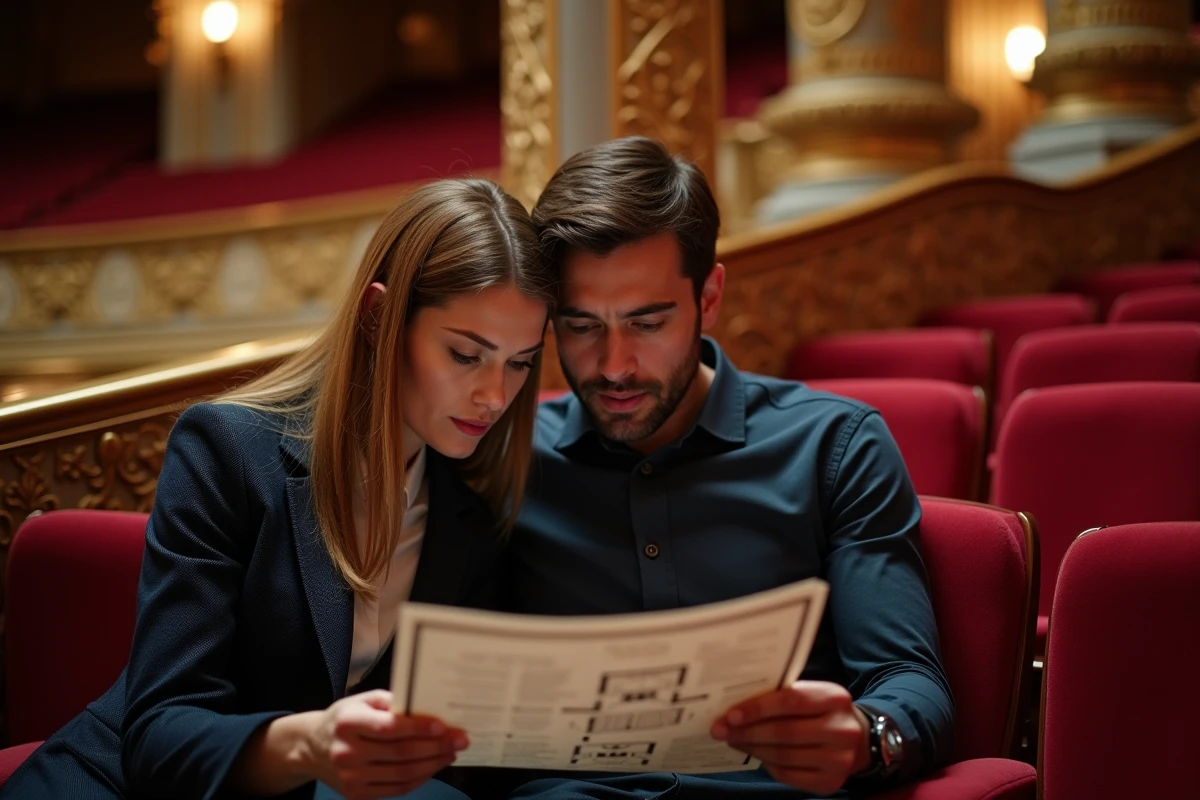 Couple consultant un plan de salle au balcon du théâtre avant de choisir leurs places