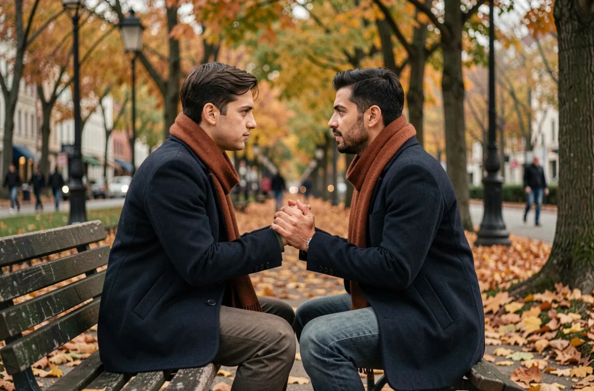 Couple se tenant les mains sur un banc de parc en automne dans un moment de réconciliation sincère