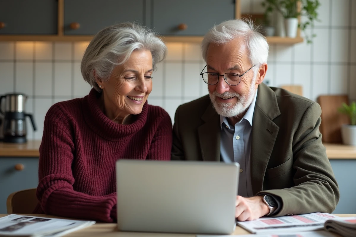 Couple de seniors consultant un simulateur de retraite en ligne depuis leur cuisine