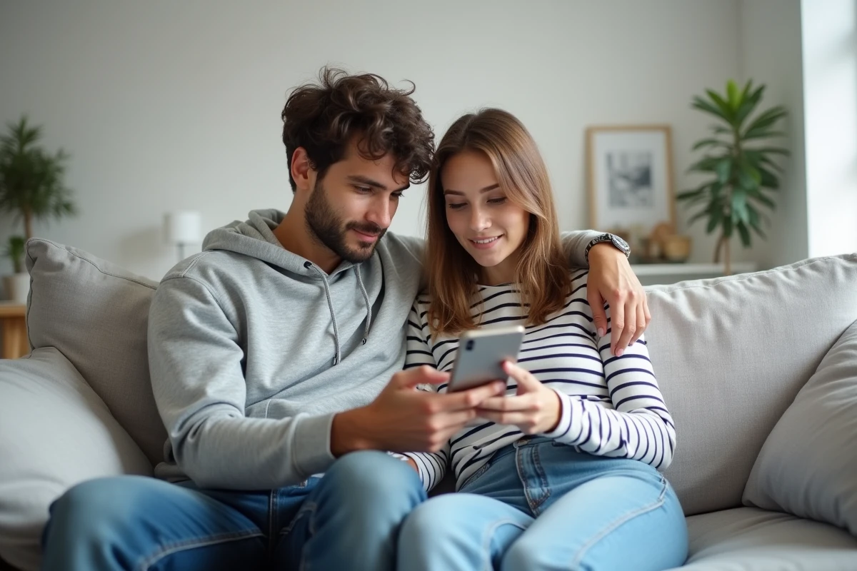 Couple lisant les actualités simplifiées sur un smartphone dans un salon moderne et minimaliste