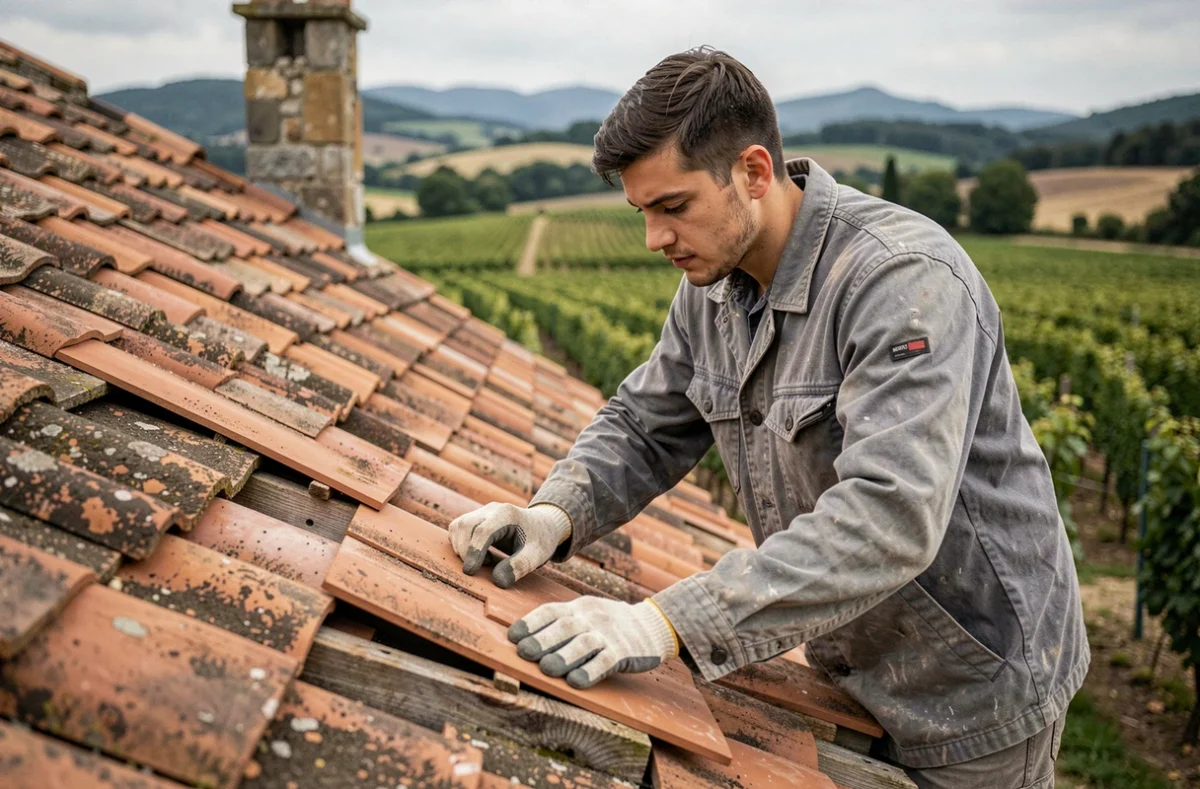Yohann Couston, couvreur artisan, posant des tuiles plates sur la toiture d'une maison en pierre dans la Drôme