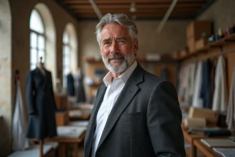 Créateur de mode renommé dans son atelier parisien entouré de tissus et de croquis de haute couture