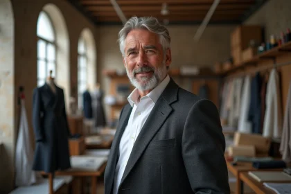 Créateur de mode renommé dans son atelier parisien entouré de tissus et de croquis de haute couture