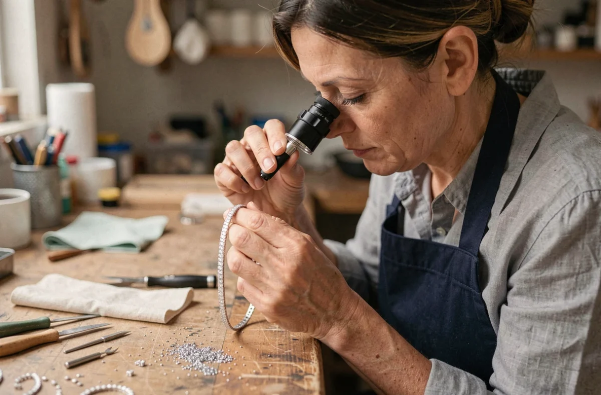 Créatrice de bijoux inspectant un bracelet en or blanc serti de diamants dans son atelier, illustrant le travail artisanal de la joaillerie fine