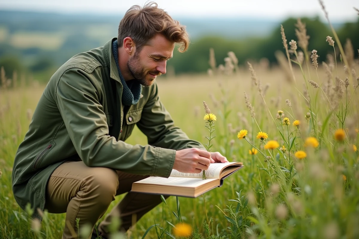 Botaniste récoltant des plantes médicinales sauvages dans une prairie lors d'une session de cueillette d'herbes