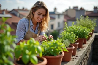 Femme cultivant des herbes aromatiques comme le basilic, la menthe et le thym dans des pots en terre cuite sur un balcon urbain
