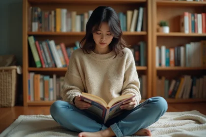 Jeune femme débutante lisant un manga assis sur un plancher en bois dans une chambre décorée de nombreux volumes de manga